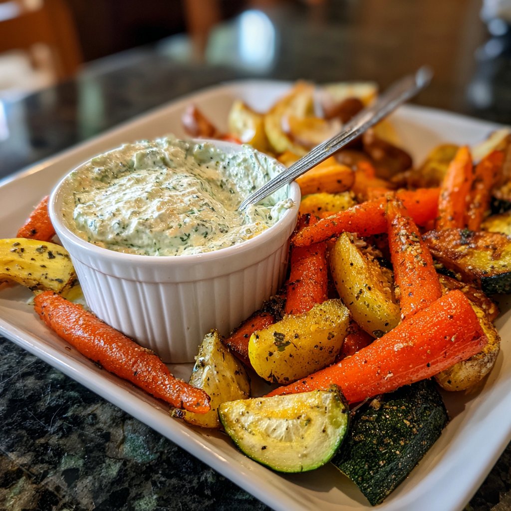 Abendessen mit Ofengemüse und Kräuterquark